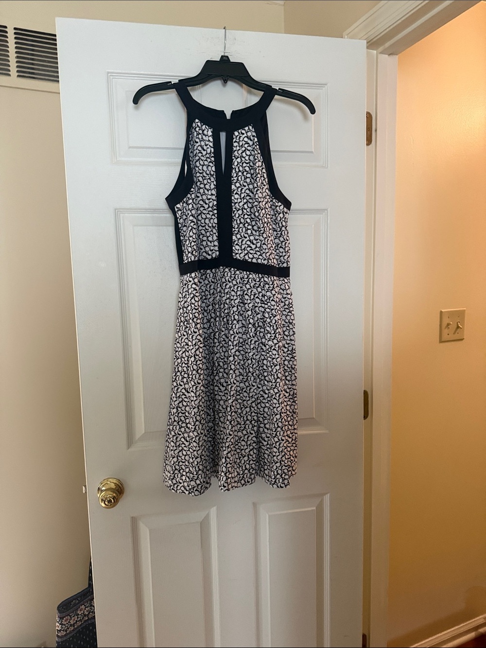 Black Trim Black & White Printed Halter Dress